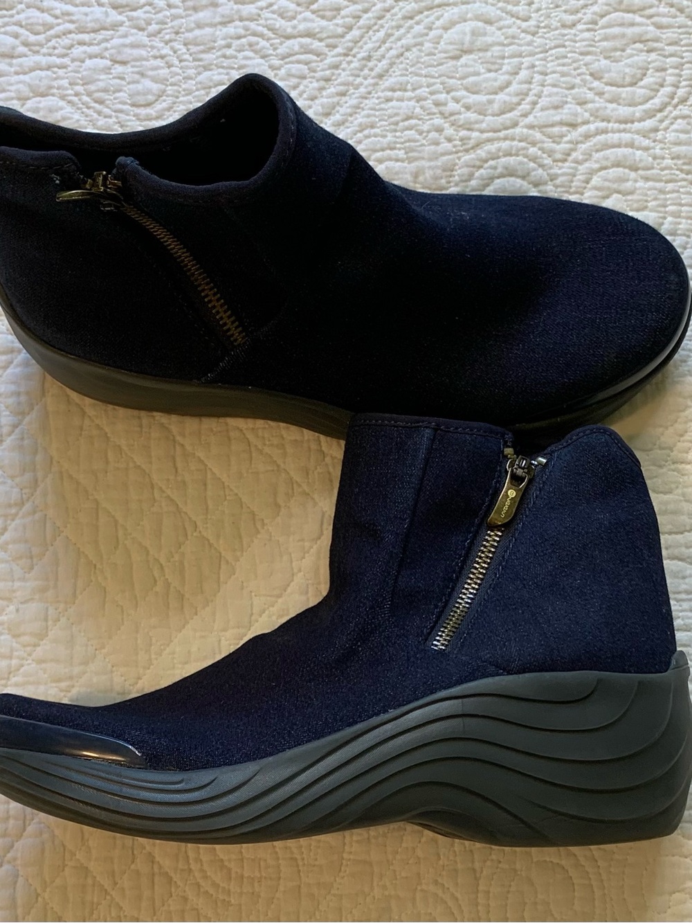 Bzees Zora Wedge Boots in Navy Denim with Rounded Toe Box Mud Guard